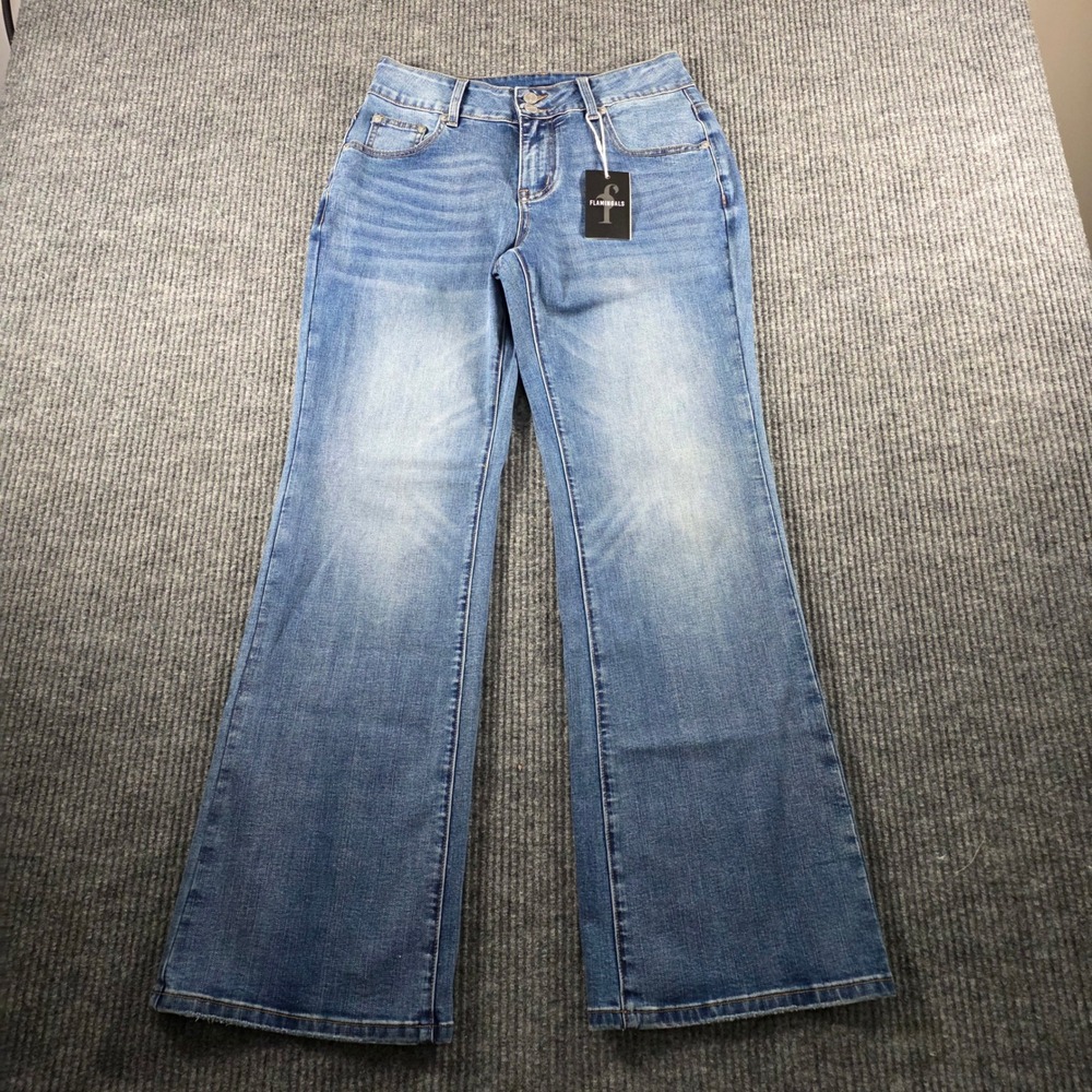 Flamingals Womens High Waisted Flare Jeans Medium Wash Blue Denim Size Small NWT